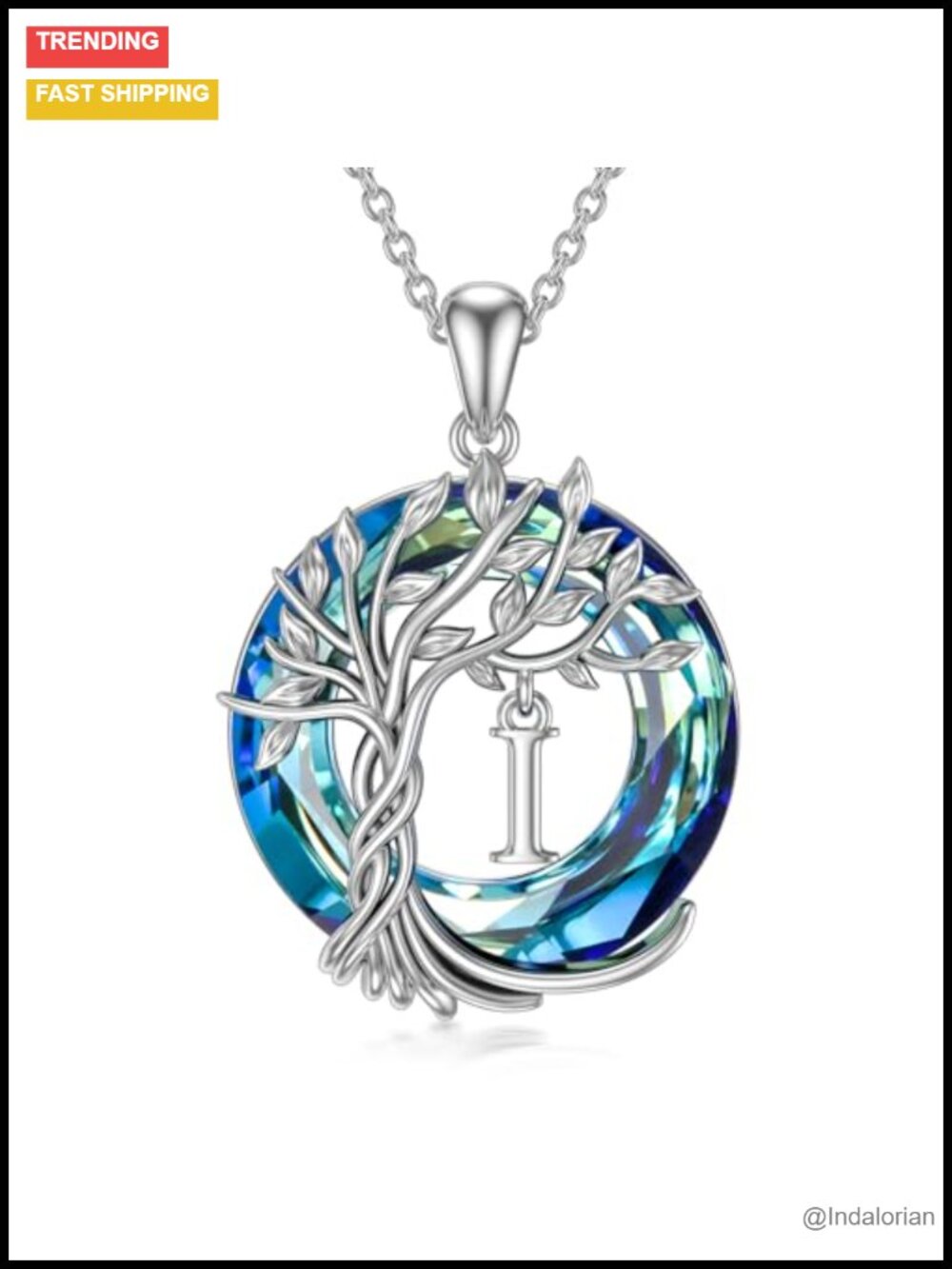 Tree of Life Initial Necklace 925 Sterling Silver Pendant Blue Crystal Jewelry